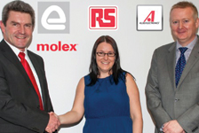 Left to right: Josef Wieser, senior global sales manager at FCT; Nicola Smith, RS Components’ central product manager for electronic connectors; Tony Monaghan, sales 
manager UK at FCT.
